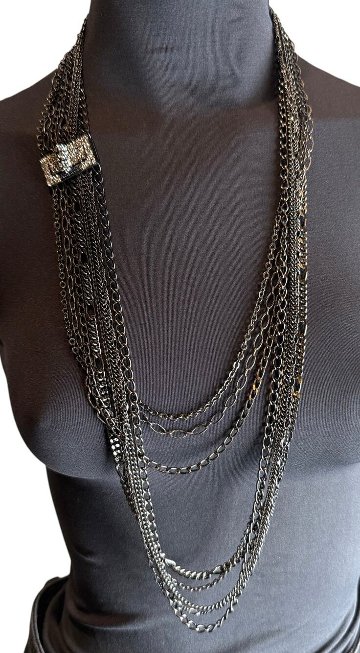 Chanel Multi Strand Gunmetal-Silver Crystal Reissue Lock Necklace